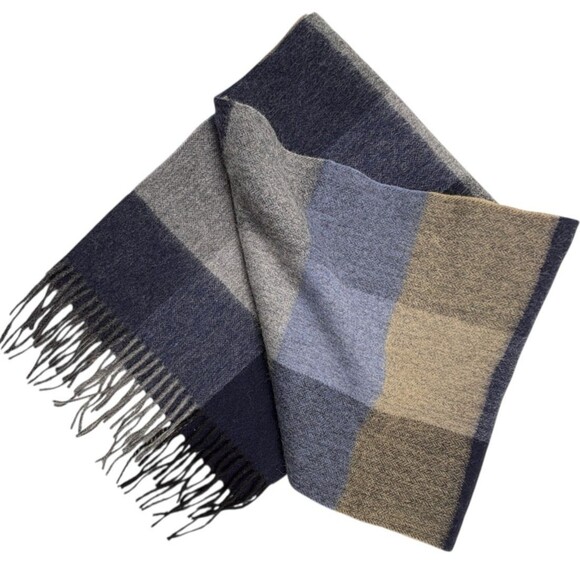 Via Condotti Roma 100% Virgin Wool Plaid Fringe Scarf Navy Blue Taupe Italy - Picture 7 of 8